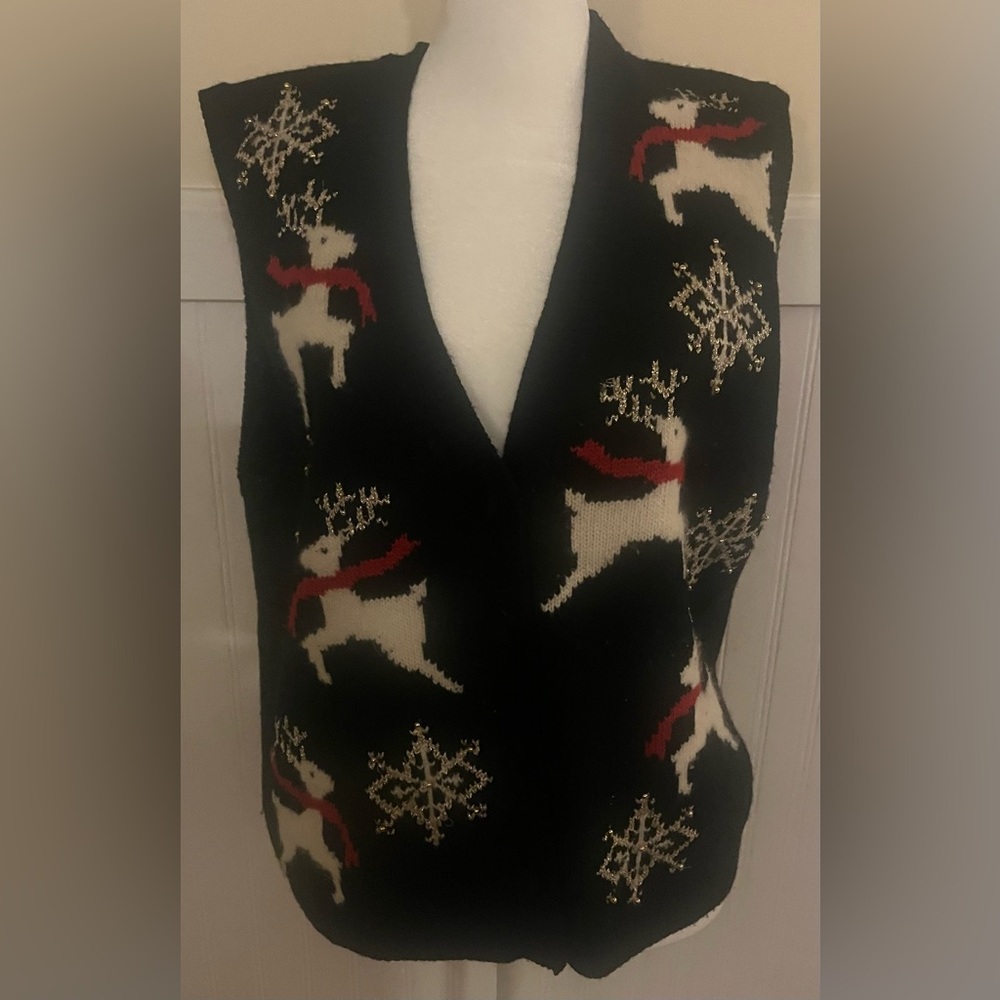 Talbots Black Knit Vest with Red and White Accents